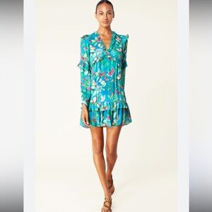 Hale Bob Blue Marbled Butterfly Tiered Ruffle Mini Dress. Size XS. $398